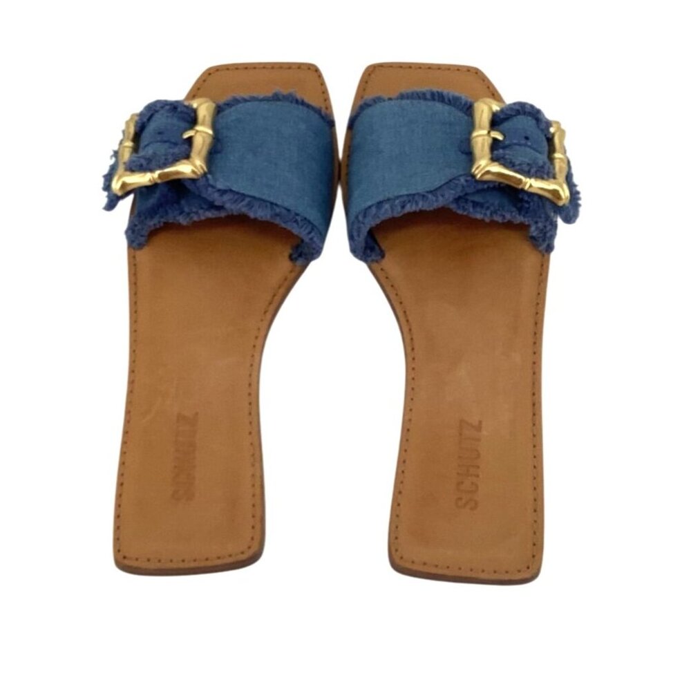 Schutz Womens Denim & Leather Slide Sandals Size 9.5 With Gold Buckle Details - Picture 3 of 5